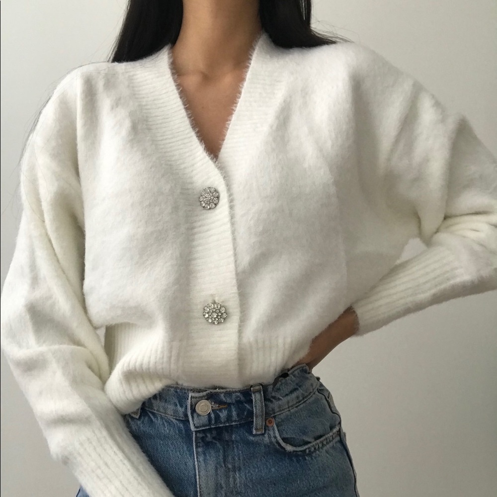 H&M fluffy cardigan rhinestone buttons